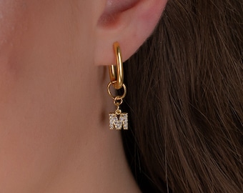 initial hoop earrings, Gold custom Charm earrings, Vintage hoop earrings, chunky gold earrings, Personalized hoop earrings, diamond letter
