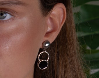 silver ball stud earrings, long statement earrings, black enamel circle earrings, rock style earrings women, industrial style unique earring
