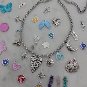 build Your Own Custom Charm Necklace, silver Chain multi Charm Necklace, Vintage charm Jewelry, Gift for Her, Personalized silver Necklace