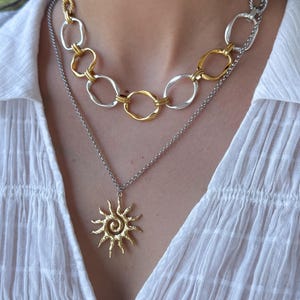 mixed metal silver gold chain necklace, large sun charm necklace, statement celestial necklace, gift for her, link chain layering necklace