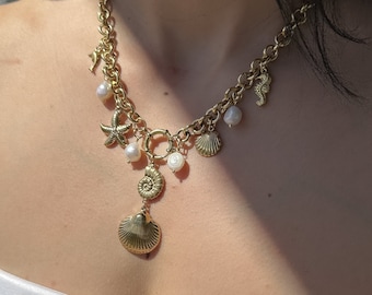 chunky charm necklace, freshwater pearls shell starfish dolphin charm necklace, waterproof necklace, chunky necklace, summer beach jewelry