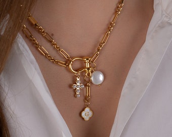 Collar de encanto personalizado de oro, collar de encanto grueso, collar de cruz inicial personalizado, collar de lariat de letra Y de trébol, regalo para su idea