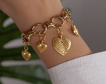 custom charm bracelet, Chunky Gold Bracelet, Gold chain bracelet heart charms, personalized jewelry, birthday gift for her, initial bracelet