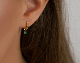 emerald hoop earrings, dainty huggie hoop earrings with cz stone, hoop earrings with a dangle charm, delicate earrings, unique gift for her