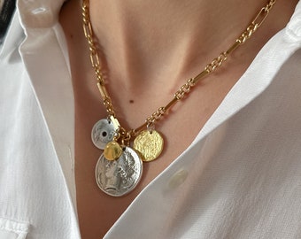 Chunky coin charm necklace, mixed metal silver gold necklace, Coin Pendant, Medallion disc coin necklace, gift for her, birthday gift idea