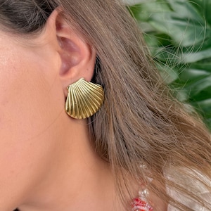 Gold shell earrings, big summer earrings, beach jewelry, waterproof non tarnish earring, mermaid jewelry, stainless steel, tropical studs