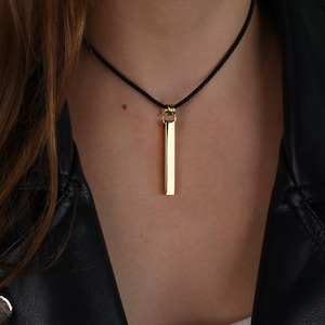adjustable black cord pendant necklace, gold thick bar pendant, minimalist choker, black rope necklace, boho cord necklace stainless steel