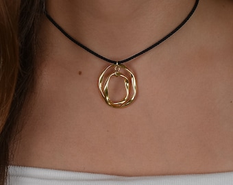adjustable black cord pendant necklace, oval wave twisted drop pendant, gold minimalist choker, black rope necklace, boho cord necklace long
