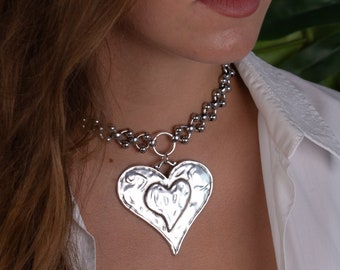 Extra Large Heart Necklace, Statement Bold Choker Necklace, Big Pendant Hammered Heart Necklace, Antique Silver Modern Waterproof Necklace