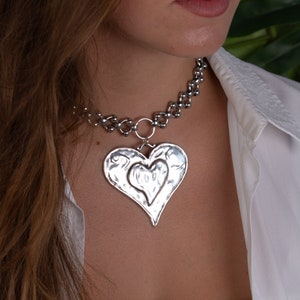 Extra Large Heart Necklace, Statement Bold Choker Necklace, Big Pendant Hammered Heart Necklace, Antique Silver Modern Waterproof Necklace