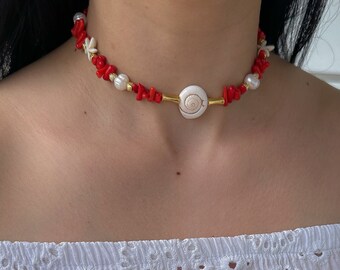 red coral stones natural shells and pearl choker necklace, beaded choker Necklace for women, Gift for Her, stack necklace, summer jewelry