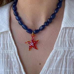 Colorful starfish necklace, chunky blue gemstone necklace, summer necklace, statement boho beach jewelry, lampwork starfish pendant necklace