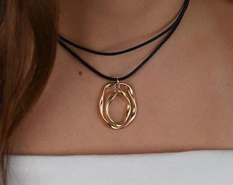 adjustable black cord pendant necklace, oval wave twisted drop pendant, gold minimalist choker, black rope necklace, boho cord necklace long