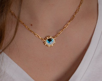 collier oeil, collier oeil bleu, chaîne trombone en or avec un petit pendentif, cadeau pour petite amie, bijoux grecs, collier minimaliste