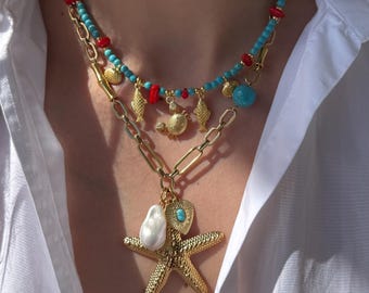 Collar de turquesa en capas, collar con dijes de verano, collar de estrella de mar grande, collar de cuentas boho, joyería de playa tropical, collar grueso