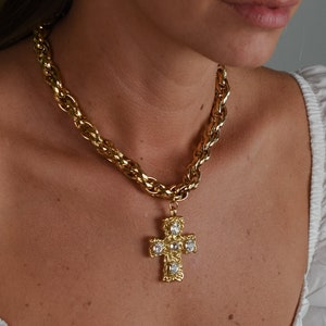 Chunky chain large cross necklace, Statement thick chain choker adjustable, big crystal cross stainless steel, vintage victorian necklace