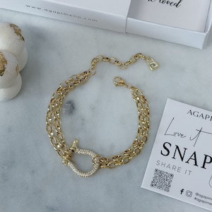 Carabiner horseshoe charm bracelet, 18k Gold Stacking Bracelet, Chain Bracelet, Chunky charm bracelet with diamonds, Gift for Her, elegant