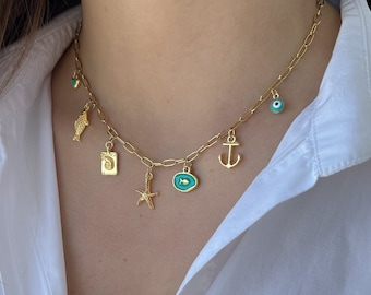 Faites votre propre collier à breloques personnalisé, collier à breloques chaîne en or, bijoux à breloques vintage, cadeau d'anniversaire pour elle, collier initial personnalisé