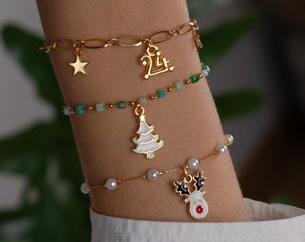 Christmas charm bracelet, new year gold plated charm bracelets, unique gift idea for girlfriend, festive happy cute bracelets for women