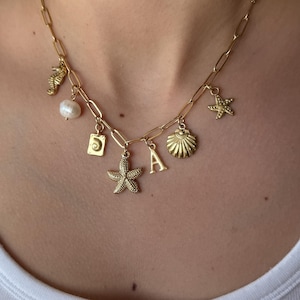 Gold summer charm Necklace, beach ocean surfer girl necklace, personalized Jewelry, mermaid jewelry, boho starfish shell pearl necklace