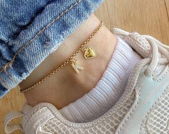 Fußkette mit Herz, Initialen-Fußkettchen, Fußarmband-Charme, minimalistisches Goldketten-Fußkettchen, verstellbares benutzerdefiniertes Initial-Fußkettchen, Geschenk für sie personalisiert