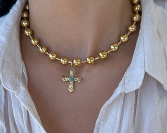 Collana A Croce Martellata Oro Per Donna – Ciondolo Spesso Con Catena, Gioiello Moderno E Classico, Regalo - 4