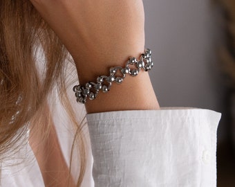 Chunky Silver Bracelet, Bold Chain Bracelet oversized, Thick Double Bead Chain armband, Modern steel Bracelet , Women Bracelet Rock Style