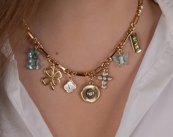 Collar de encanto personalizado, collar de encanto de cadena gruesa de oro, joyería de perlas de encanto vintage, regalo de cumpleaños para ella, collar inicial personalizado
