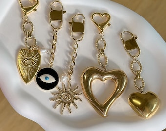 Bag Charm, Gold Keychain holder, purse Chain handbag Accessories, Handbag chunky charm, Gift for Her, luxe trendy gold big puffy heart charm