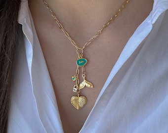 Gold chain necklace with charms, Summer charm necklace, turquoise fish heart locket mermaid charm necklace, Y lariat necklace, gift for her