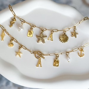 Initial summer Necklace, custom surfer girl necklace, personalized Beach Jewelry, Adjustable Length choker, gold boho starfish necklace