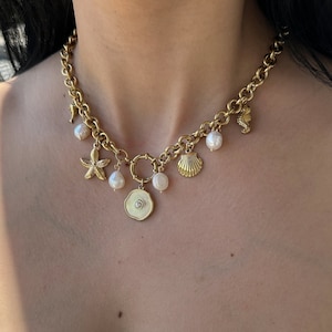 surfer girl choker necklace, beach essentials, freshwater pearls seastar shell charm necklace, gift for her, boho chain necklace dangle