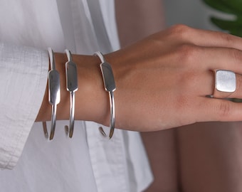Set of three silver bangles, open cuff bracelet, silver bangles, stackable armbands, bangle set, adjustable cuff, modern bracelet gift idea