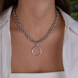 silver pendant necklace, statement handmade necklace, unique bold chain necklace with a large charm, gift for women, minimalist jewelry