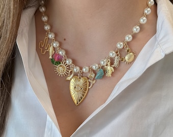 Faites votre propre collier à breloques personnalisé, collier à breloques chaîne en perles d'or, bijoux à breloques en perles vintage, cadeau pour elle, collier personnalisé en or