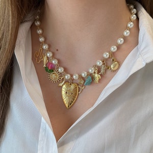 Faites votre propre collier à breloques personnalisé, collier à breloques chaîne en perles d'or, bijoux à breloques en perles vintage, cadeau pour elle, collier personnalisé en or