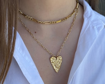 Gold heart necklace, Large heart charm necklace, layering necklace long, Big hammered heart necklace, gift for her, gold paperclip necklace