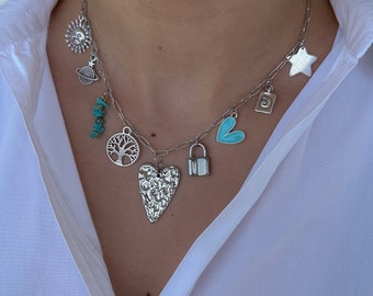 Collar de encanto de plata, collar de verano turquesa, collar de playa, regalo de cumpleaños para ella, collar de plata de encanto personalizado, estrella de medallón de corazón