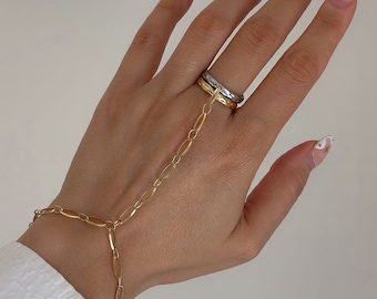 Gold Hand Chain, Dainty 18k Gold Plated mixed metal Hand Chain ring, 2 tone silver gold Hand Chain, Bracelet Chain minimalist, boho jewelry