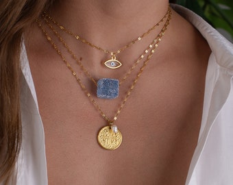layered neckace set, gold layering necklace, evil eye charm necklace, waterproof necklace, minimalist necklace, unique handmade necklace