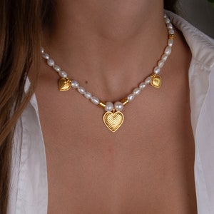 freshwater pearl necklace, heart pendant choker, handmade vintage style necklace, delicate unique necklace, real pearl gold heart necklace image 1