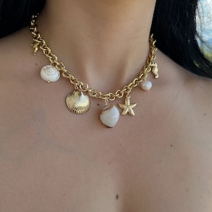 Puede incluir: Collar de cadena dorada con varios colgantes con temática oceánica. Los colgantes incluyen conchas marinas, una estrella de mar, un caballito de mar y una perla. El collar es de estilo gargantilla y se lleva alrededor del cuello.