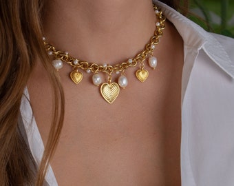 Vintage Heart Necklace, Gold Choker Chain With Pearls, Chunky Gold Necklace, Thick necklace, Statement Necklace, Unique handmade Necklace