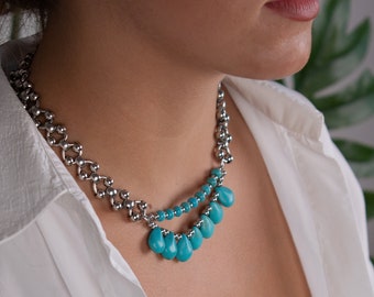 Faux Turquoise Silver Chain Necklace, Statement Necklace, THick Bold Chain with Teardrop Turquoise Gemstones, Summer Necklace, Beach Jewelry