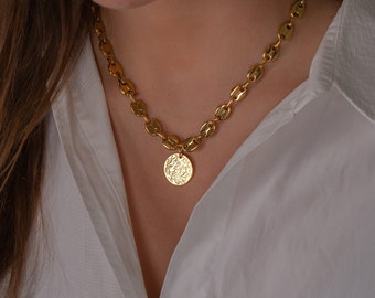 chunky coin necklace, gold bold chain necklace, hammered disc necklace, waterproof necklace, charm necklace, gift for her, delicate necklace