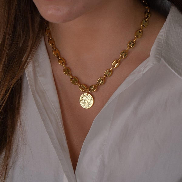 chunky coin necklace, gold bold chain necklace, hammered disc necklace, waterproof necklace, charm necklace, gift for her, delicate necklace