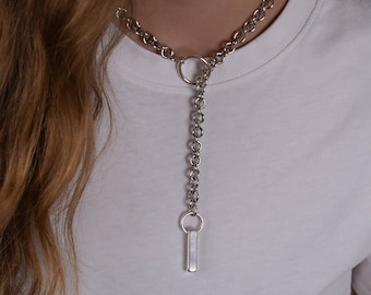 Gros collier lingot d'argent, collier Y Lariat, collier pendentif épais chaîne audacieuse, collier de style punk rock, collier tendance, cadeau pour elle