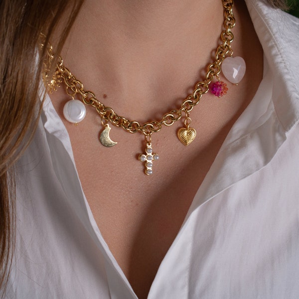 Faites votre propre collier à breloques personnalisé, collier à breloques chaîne en or, bijoux à breloques vintage, cadeau d'anniversaire pour elle, collier initial personnalisé