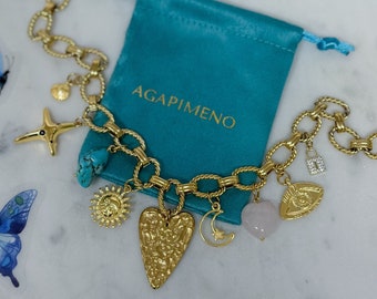 Custom chunky Charm Necklace, Gold Chain pendant Necklace, Vintage Jewelry, Gift for Her, Personalized Initial Necklace, unique jewelry gold