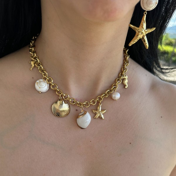 chunky charm necklace, gold circle chain necklace, ocean inspired necklace, summer beach necklace, gift for her, wedding bridesmaid necklace